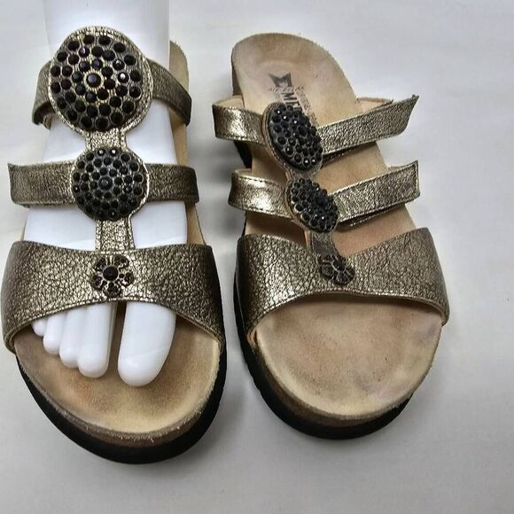 MEPHISTO STRAPPY SANDALS GOLD LEATHER BLACK CHARM WEDGE HEELS 37 US SIZE 7 - Picture 2 of 8